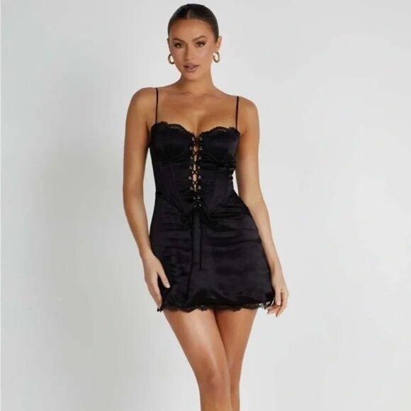 NEW Meshki Womens Small Kalila Corset Mini Dress Black Lace Up Adjustable Straps - Picture 3 of 10